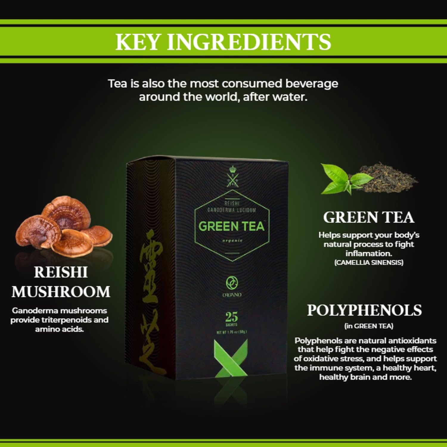 ORGANO Green Tea with Ganoderma Lucidum (1 Box of 25 Sachets)
