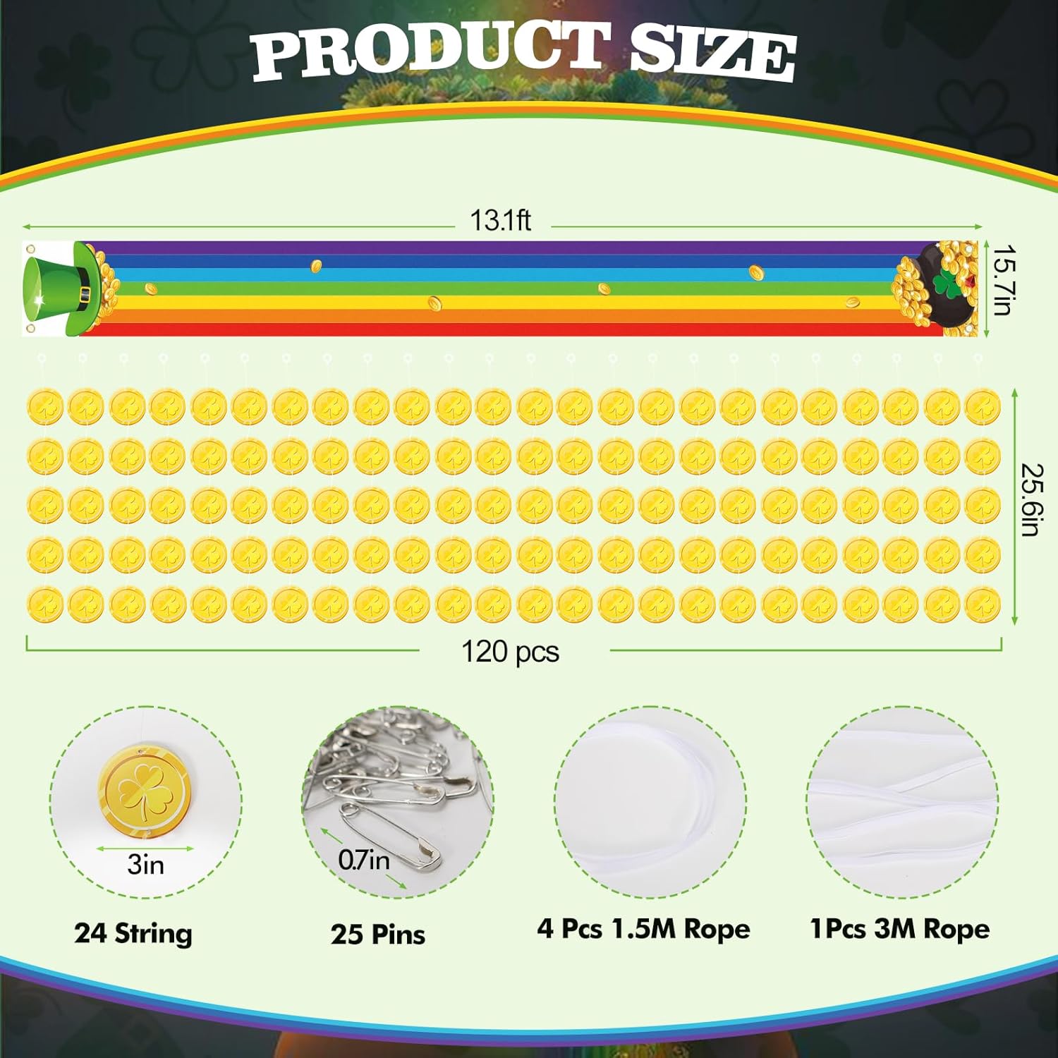 St. Patrick's Day Rainbow Ceiling Decorations,13.1 ft Long Rainbow Ceiling Decor with 24 String Gold Lucky Shamrock Coin for St. Patrick's Irish Leprechaun Party Supplies