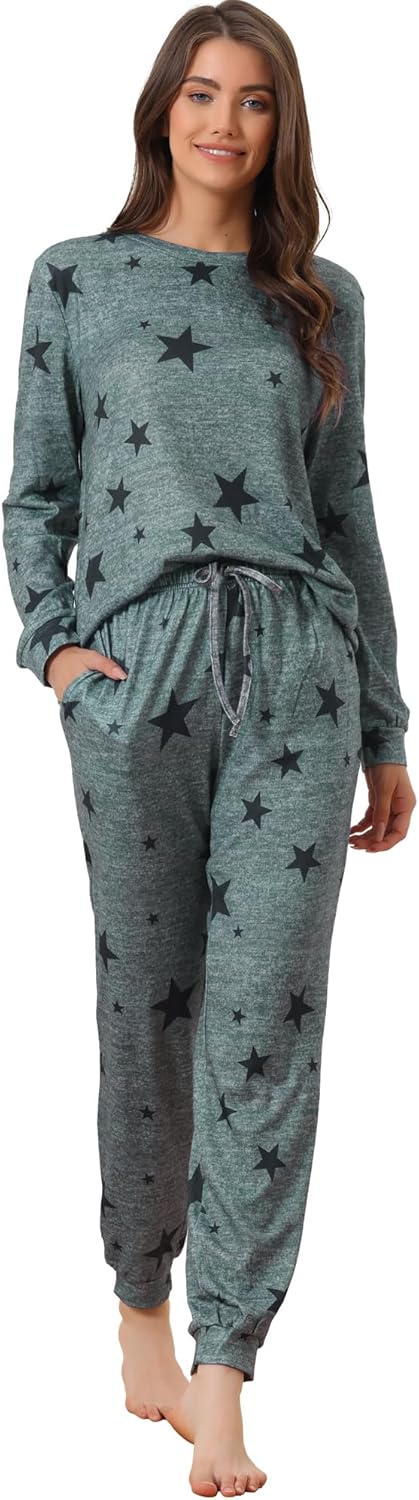 cheibear Womens Long Sleeve Pajama Sets Star Printed Kint Sweatshirt 2 Piece Sleepwear