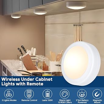 Yiliaw LED Puck Lights with Remote Control, AA Battery Operated, 12 Color Closet Under Cabinet Lighting, Push Tap Light, Under Counter for Kitchen, 12 Pack, White-Magnetic