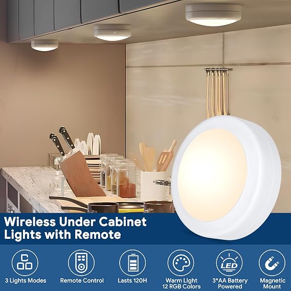 Yiliaw LED Puck Lights with Remote Control, AA Battery Operated, 12 Color Closet Under Cabinet Lighting, Push Tap Light, Under Counter for Kitchen, 12 Pack, White-Magnetic