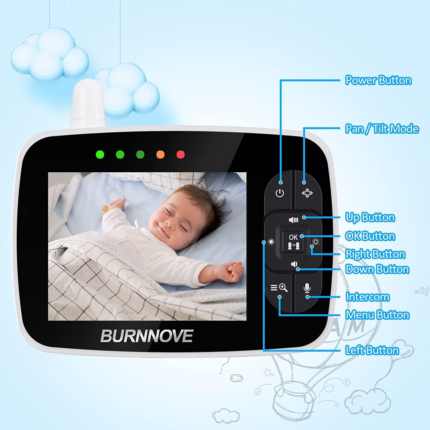 BURNNOVE baby monitor with labels pointing to each button and its function.