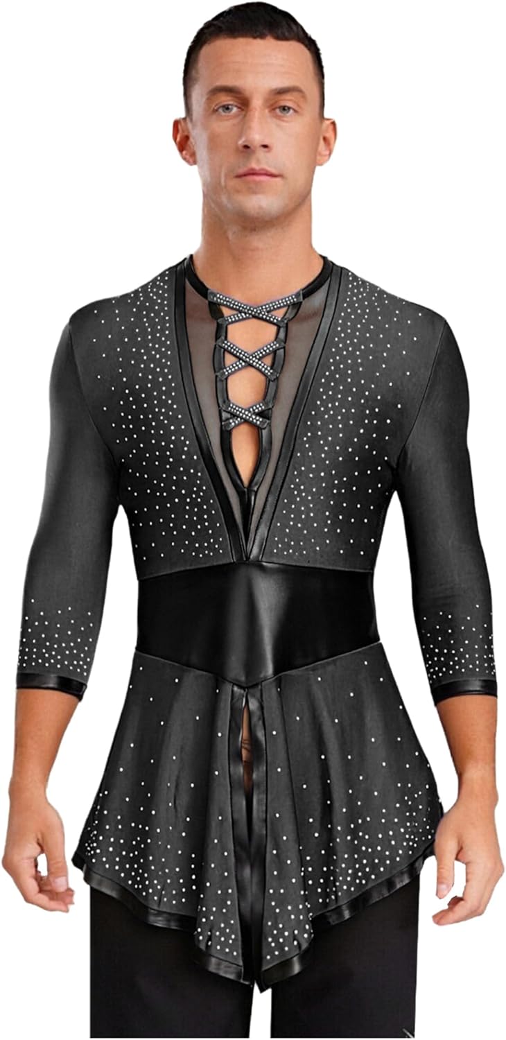 Men Rumba Dance Shirts Shiny Rhinestones V Neck Swallowtail Shirt Latin Ballroom Costume