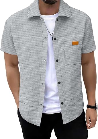 Mens Snap Closures Shirts Short Sleeve Waffle Knit Tops Summer Casual Shirt Lightweight Beach Tops with Pocket
