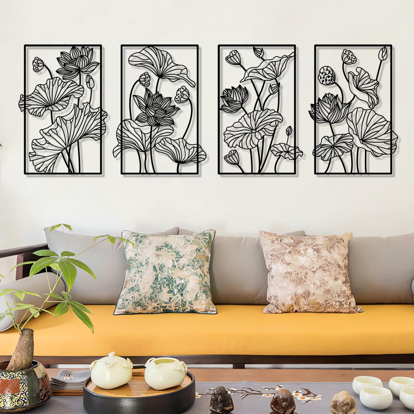 Pduoduo Metall Abstrakte Pflanze Floral Line Art Wanddekoration,Blume Minimalistische Wandkunst,Linie Blume Moderne Hängende Skulptur 4 Panel