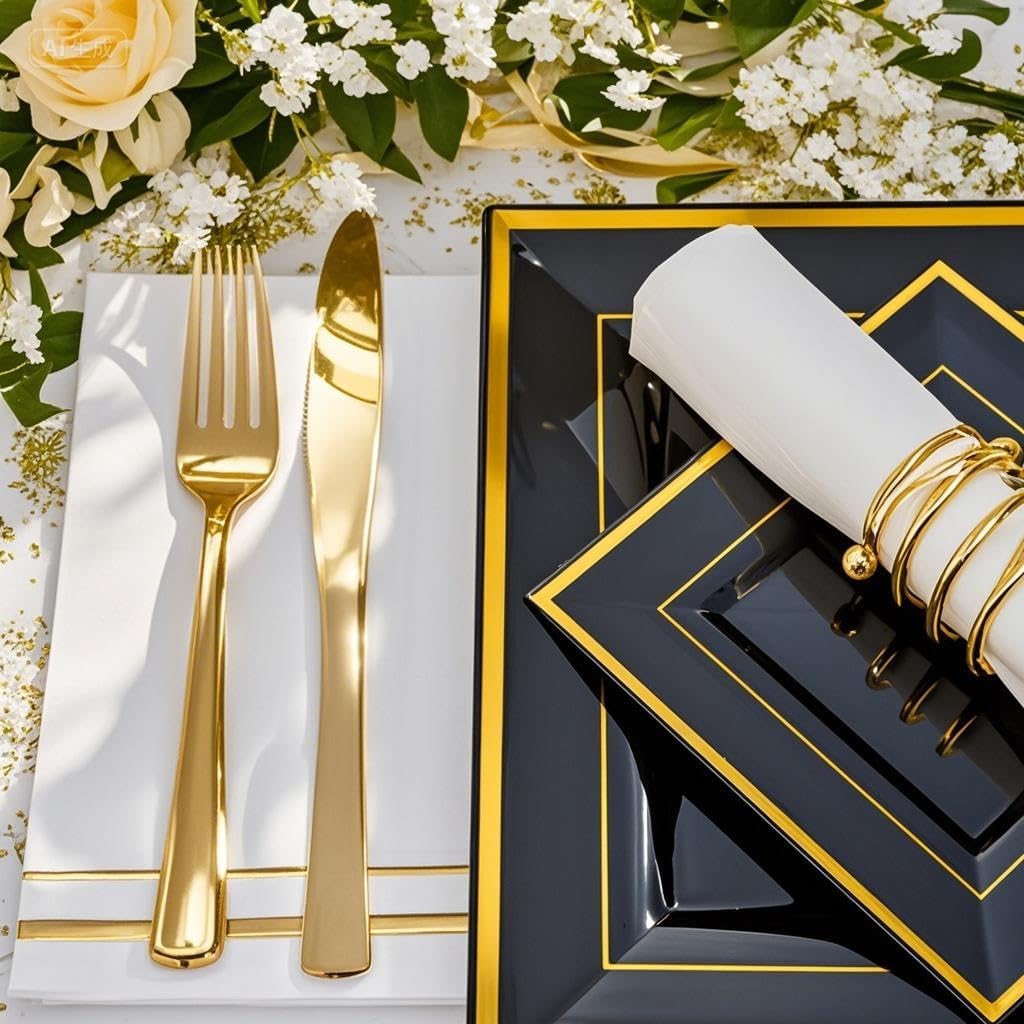 Festiva 350Pcs Black and Gold Plastic Plates-50Guests Disposable Square Black Dinnerware Set include 100 Plastic Plates,50Cups,150Plastic Cutlery,50Napkins for Party &Wedding&New Year - Image 4