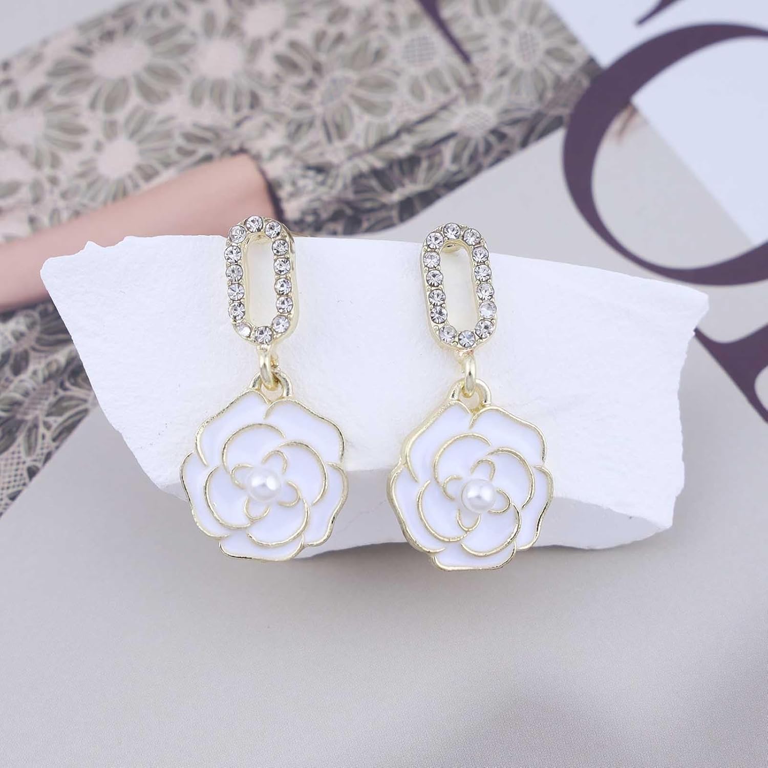 Boho Camellia Flower Dangle Earrings Crystal Flower Stud Earrings Black Camellia Earrings Rhinestone Flower Drop Earrings Jewelry for Women - Image 3