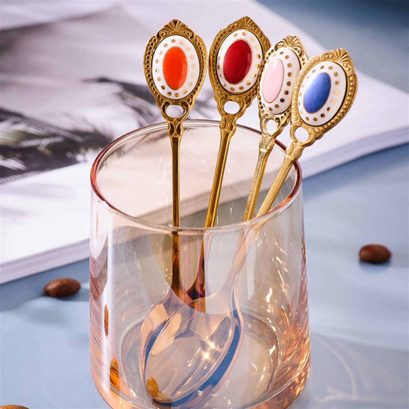 JINGYAN Cucchiaini da caffè Golden Coffee Spoon Retro Small Stainless Steel Ceramic Handle Dessert Afternoon Tea Black Gift(Lotus)