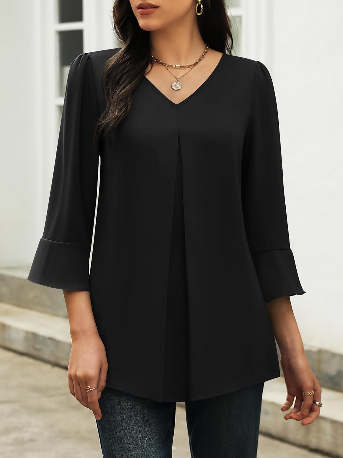 Funlingo Womens 3/4 Length Sleeve Tops Dressy Casual V Neck Business Chiffon Blouses Pleated Trendy Work Shirts - Image 2