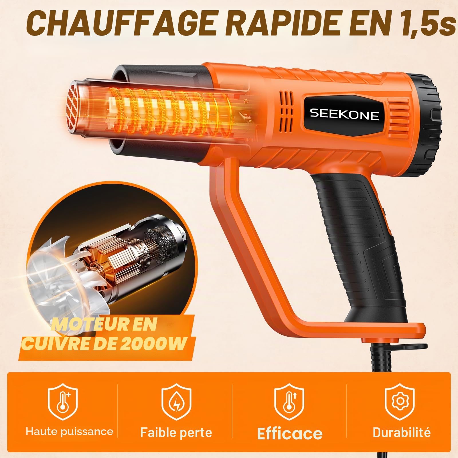 Décapeur Thermique, SEEKONE 2000W 400℃ & 600℃ Réglages Double Température Pistolet Thermique avec 4 Buses, Protection de Surcharge, Manche Antidérapant, Idéal pour Retrait Thermiquement