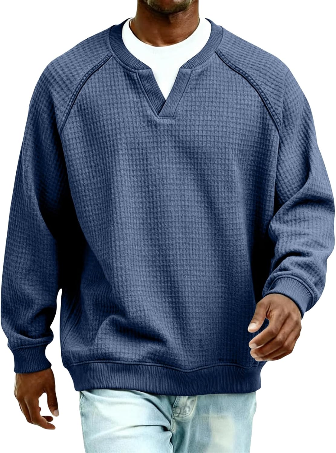 RTRDE Men's Casual Waffle Knit Sweatshirt Long Sleeve V Neck Athletic Workout Jersey Pullover