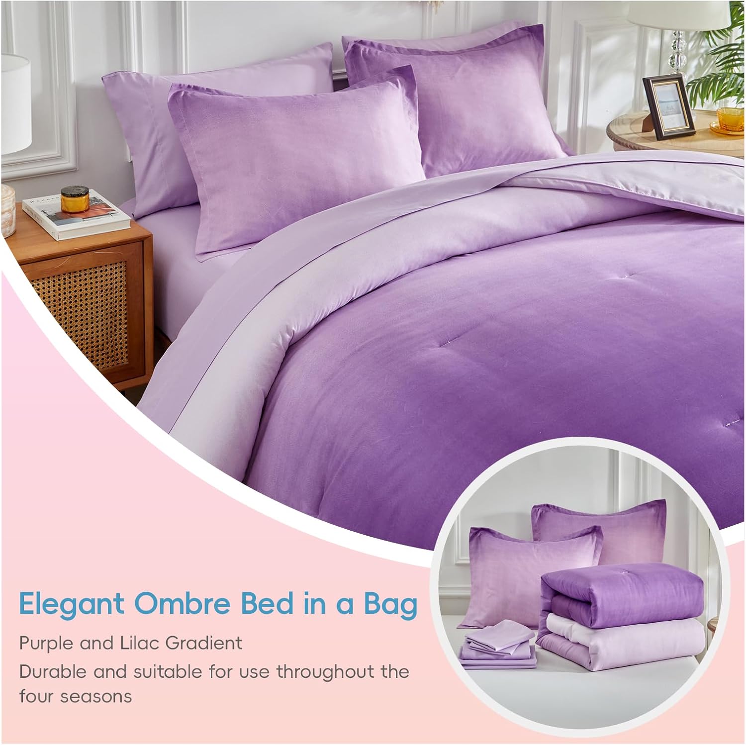 7 Pieces Gradient Purple and Lilac Bed in a Bag Queen Size, Elegant Ombre Reversible Comforter Set for All Season (Comforter, Flat Sheet, Fitted Sheet, 2 Pillowcases & 2 Pillow Shams)