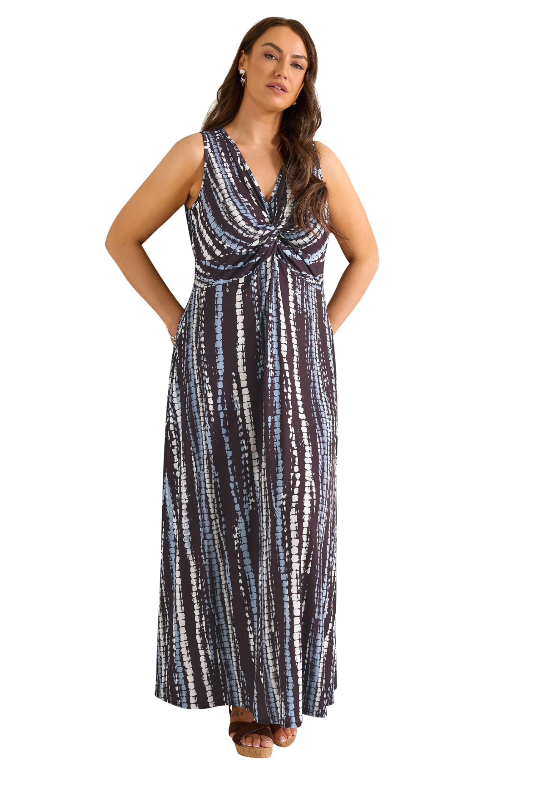 Evans Women's Brown Plus Abstract Print Knot Front Maxi Dress Size 26-28