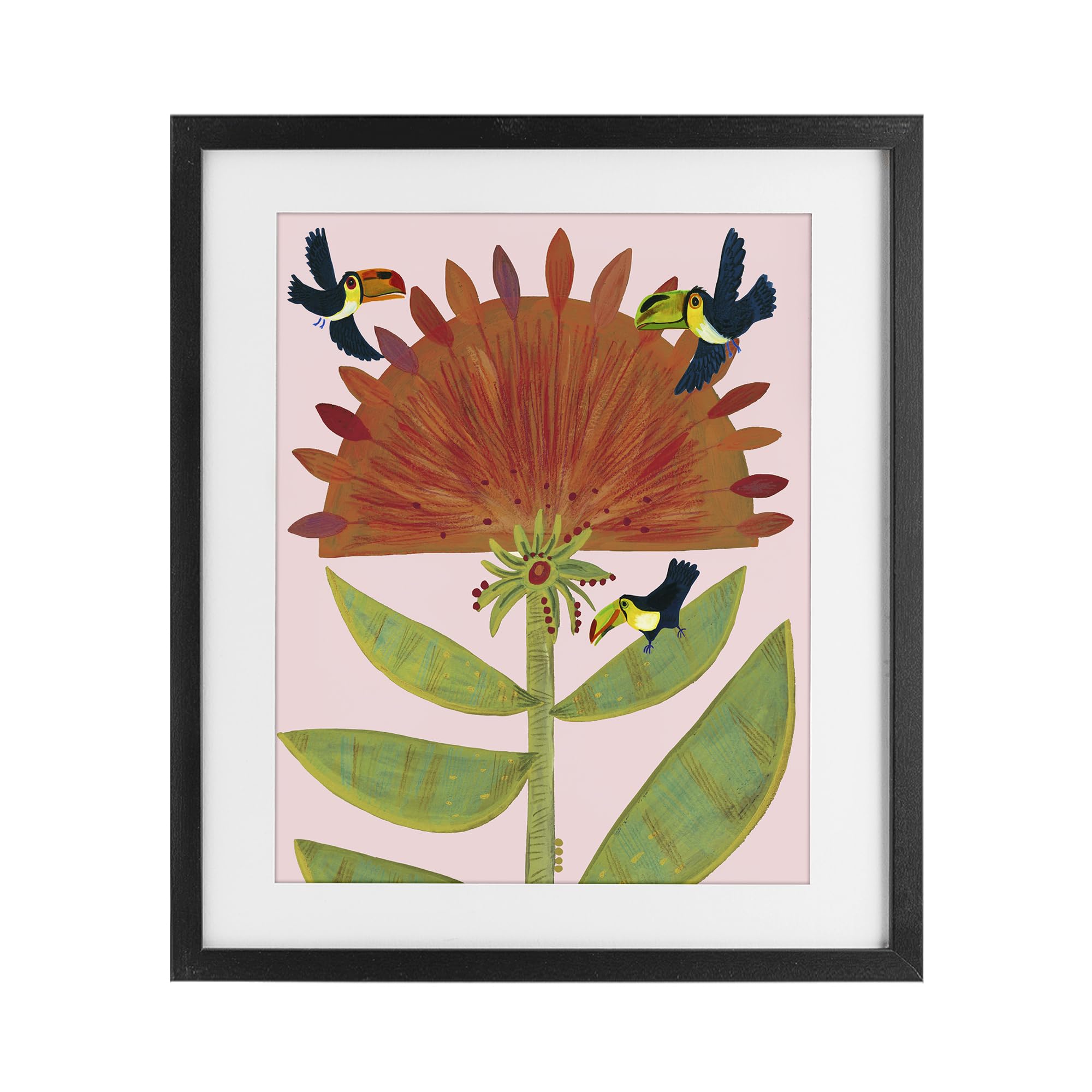 Stupell Industries Midnight Black (Textured) 'Tropical Plant & Toucans'| Framed Print Under Glass