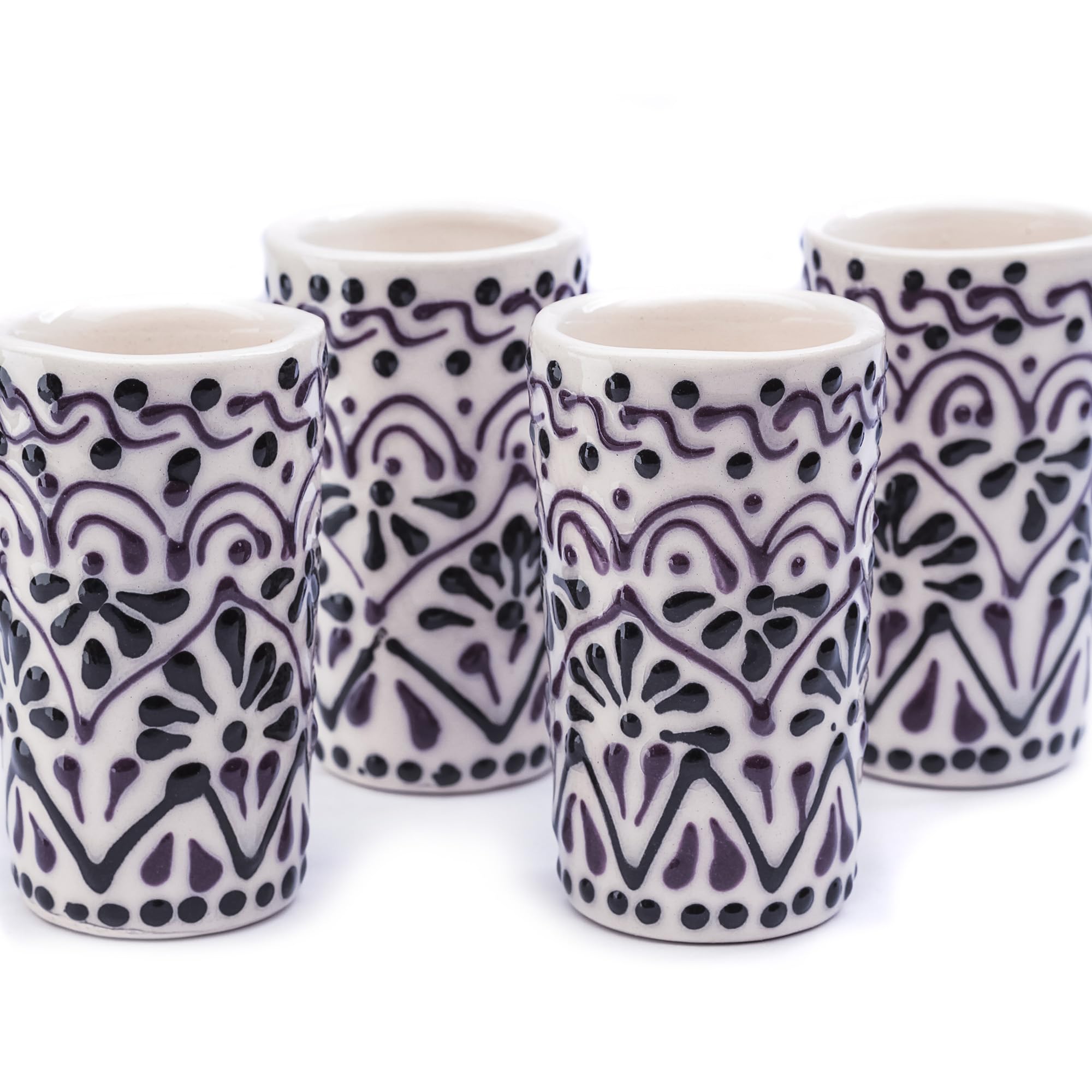 Talavera Shot Glasses Set of 4 Authentic Mexican Tequila Shot Glasses - Hand-painted - 2 Oz (Black Lace)