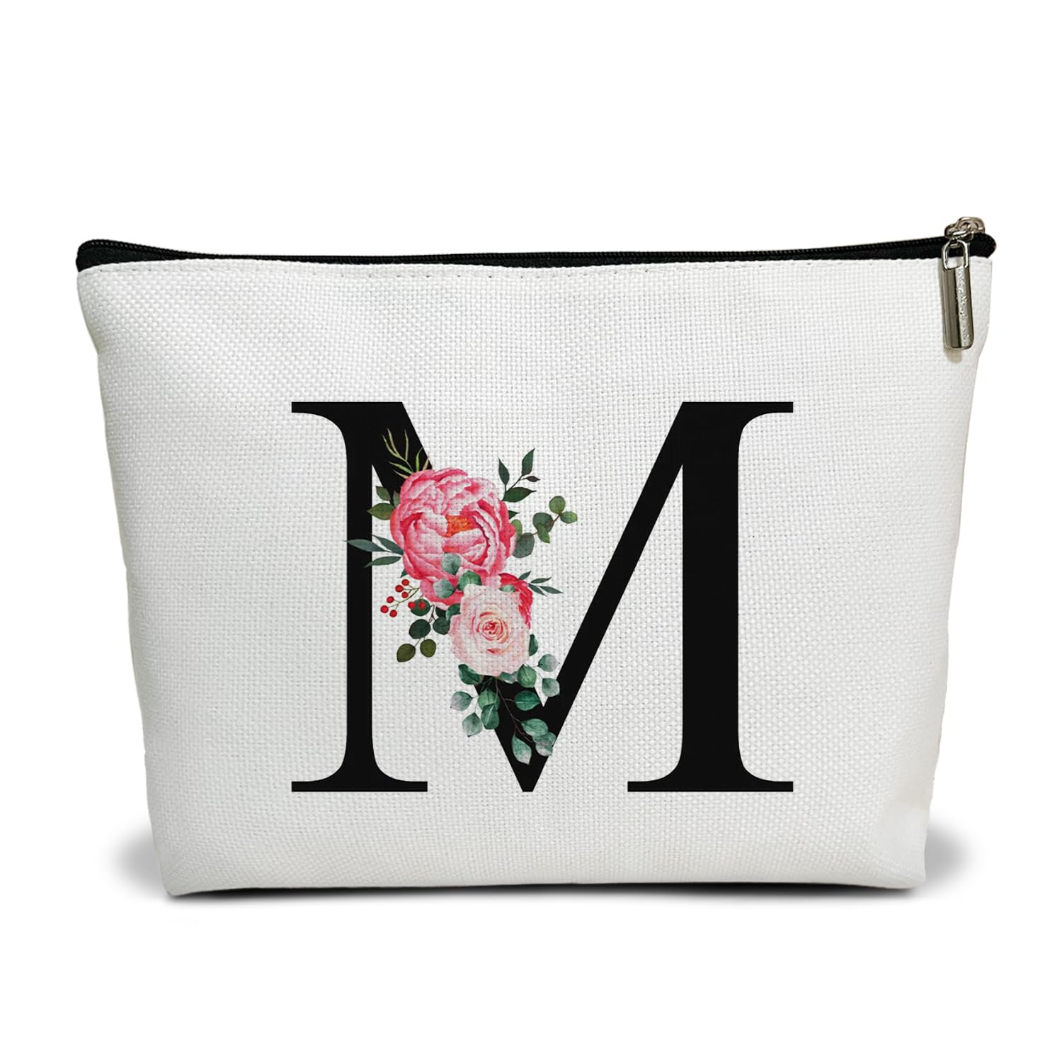 WUAWN Flower Letter Makeup Bag Letter M Cosmetic Bag Alphabet Initial Makeup Bag Birthday Gifts for Women Mom Friend Bride Bridesmaid Cosmetic bag(A013)