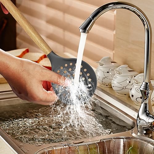 Miniatura 24 de Juego de utensilios de cocina de silicona, resistentes al calor, espátula, tornillo, pinzas, cuchara, cepillo, batidor, mango de madera, utensilios