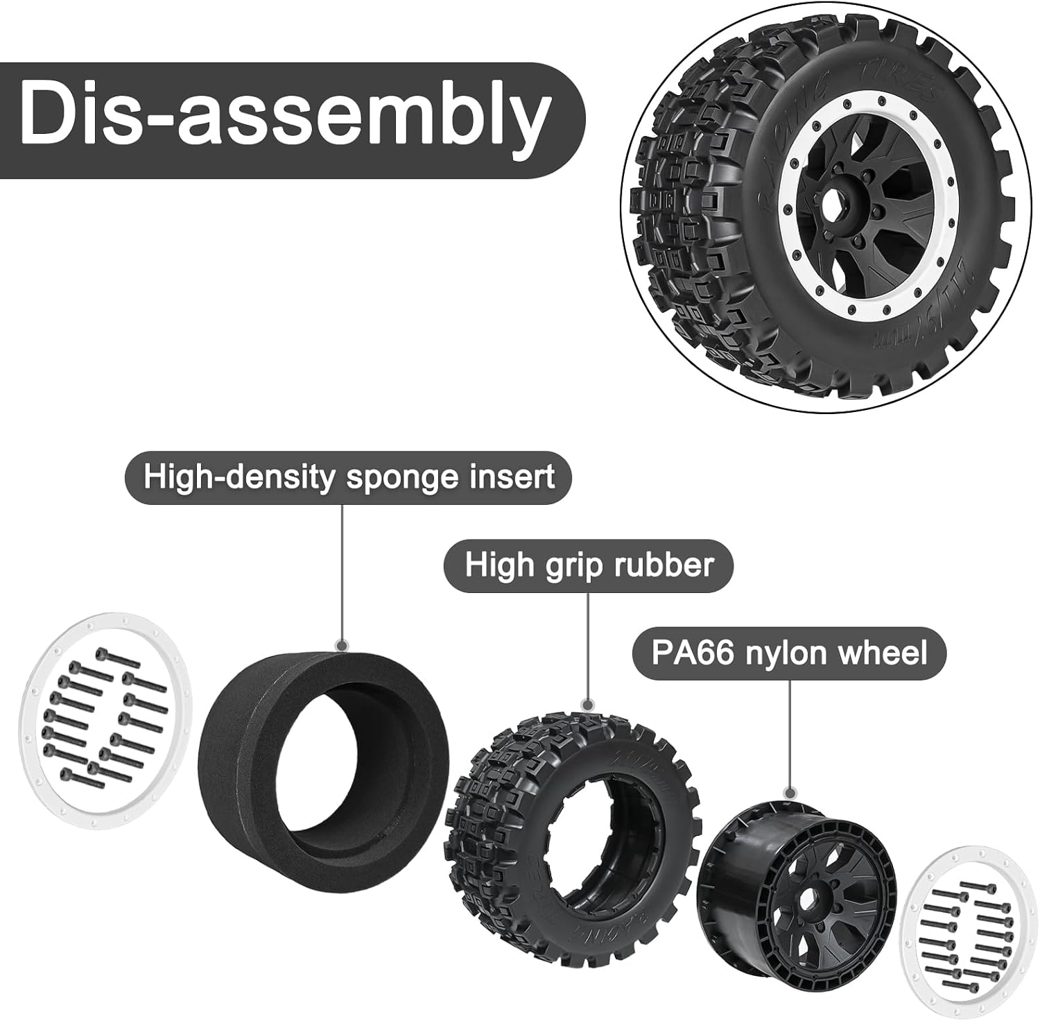 LRFHL 1/5 RC Tires and Wheels for Traxxas 1/5 X-MAXX 8S Arrma 1/5 Kraton 8S 1/5 Outcast 8S, RC Monster Truck Tires 24mm Hex Wheels (4PCS, White)
