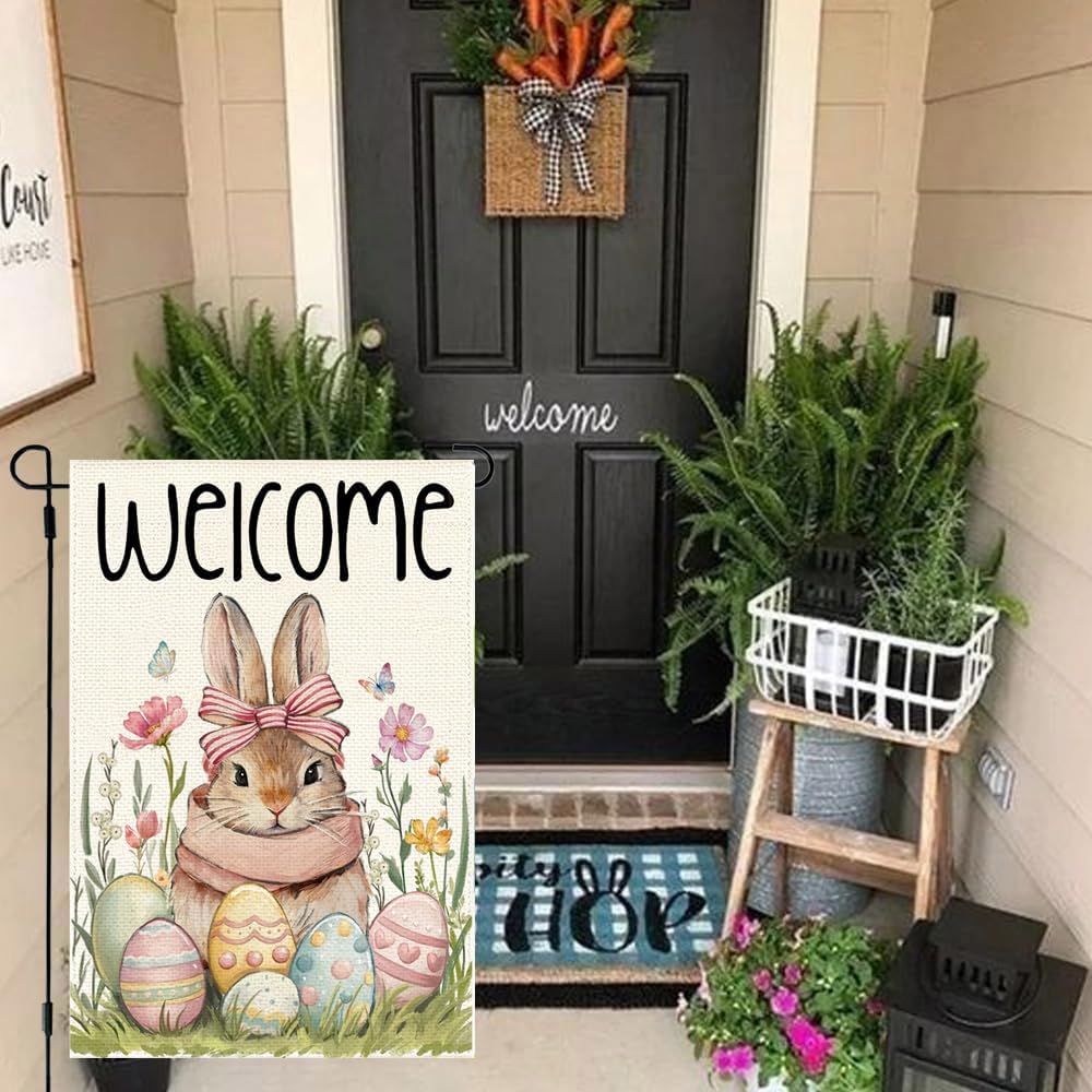 RABUSOFA Easter Bunny Garden Flag 12x18 Inch Double Sided for Outside,Welcome Rabbit Eggs Floral Spring Holiday Decoration for Outdoor Small Yard Lawn Flags - Image 6