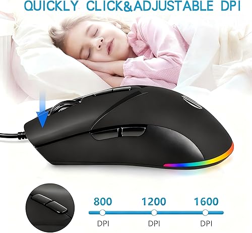 Miniatura 3 de Ratón con cable, ratón USB para computadora de 1600 DPI, mouse óptico móvil de diseño ergonómico con cable para computadora portátil, PC,