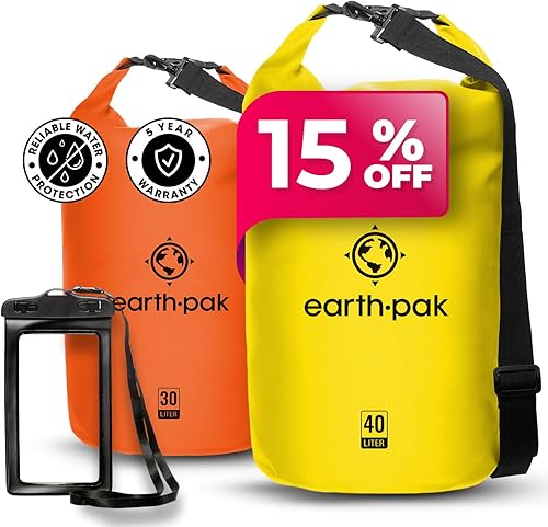 Earth Pak Bolsa seca impermeable - Mochila impermeable con parte superior enrollable (amarillo 40L y naranja 30L)