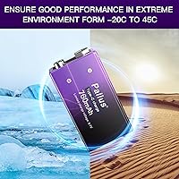 Vista 7 de Pallus Baterías recargables de 9 voltios de iones de litio de 9 V y 760 mAh, baterías de iones de litio de 2 unidades USB de 9 V con cable de carga