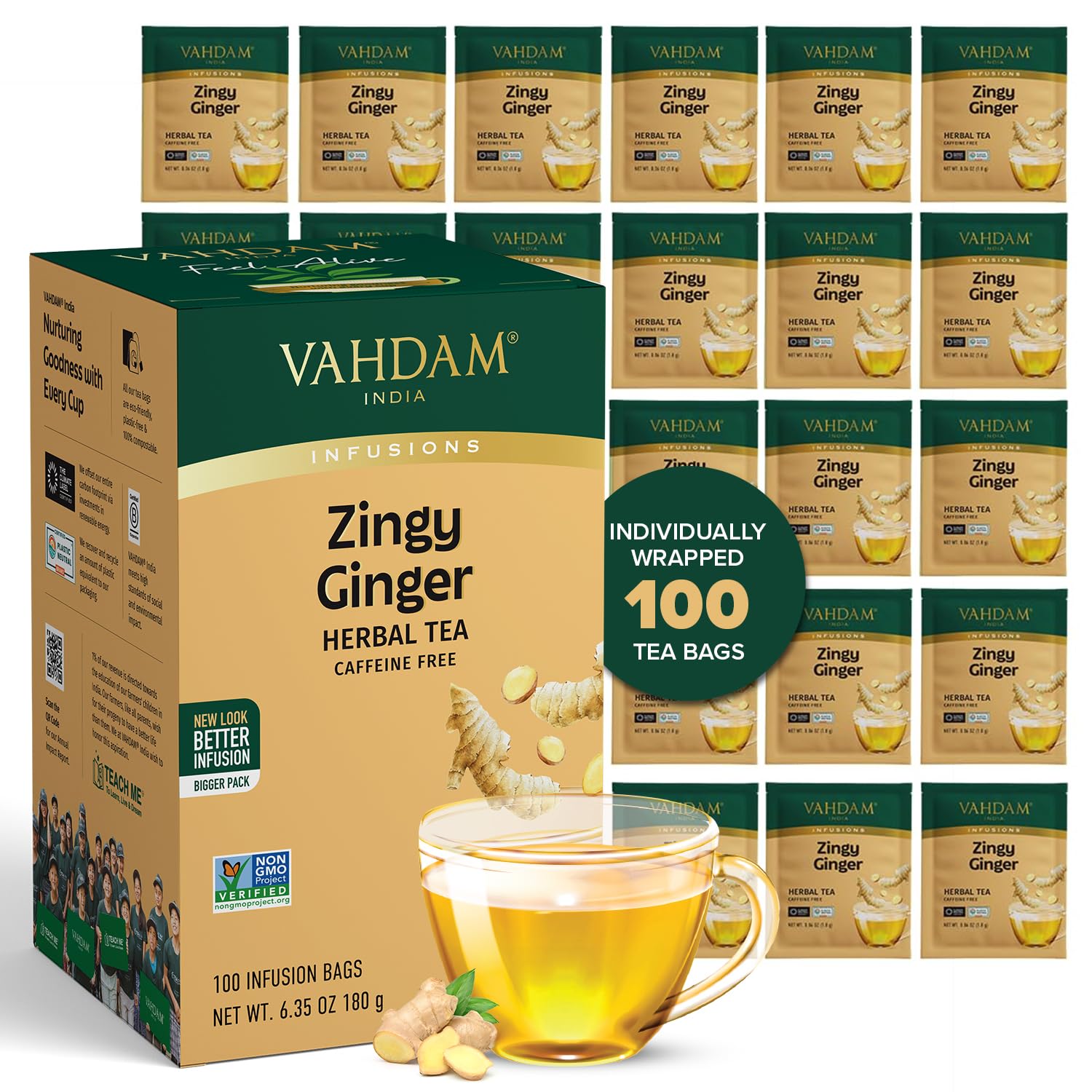 VAHDAM, Ginger Tea (100 Tea Bags)| Caffeine Free, Non-GMO, Indian Origin, Eco-Friendly Individually Wrapped Tea Bags