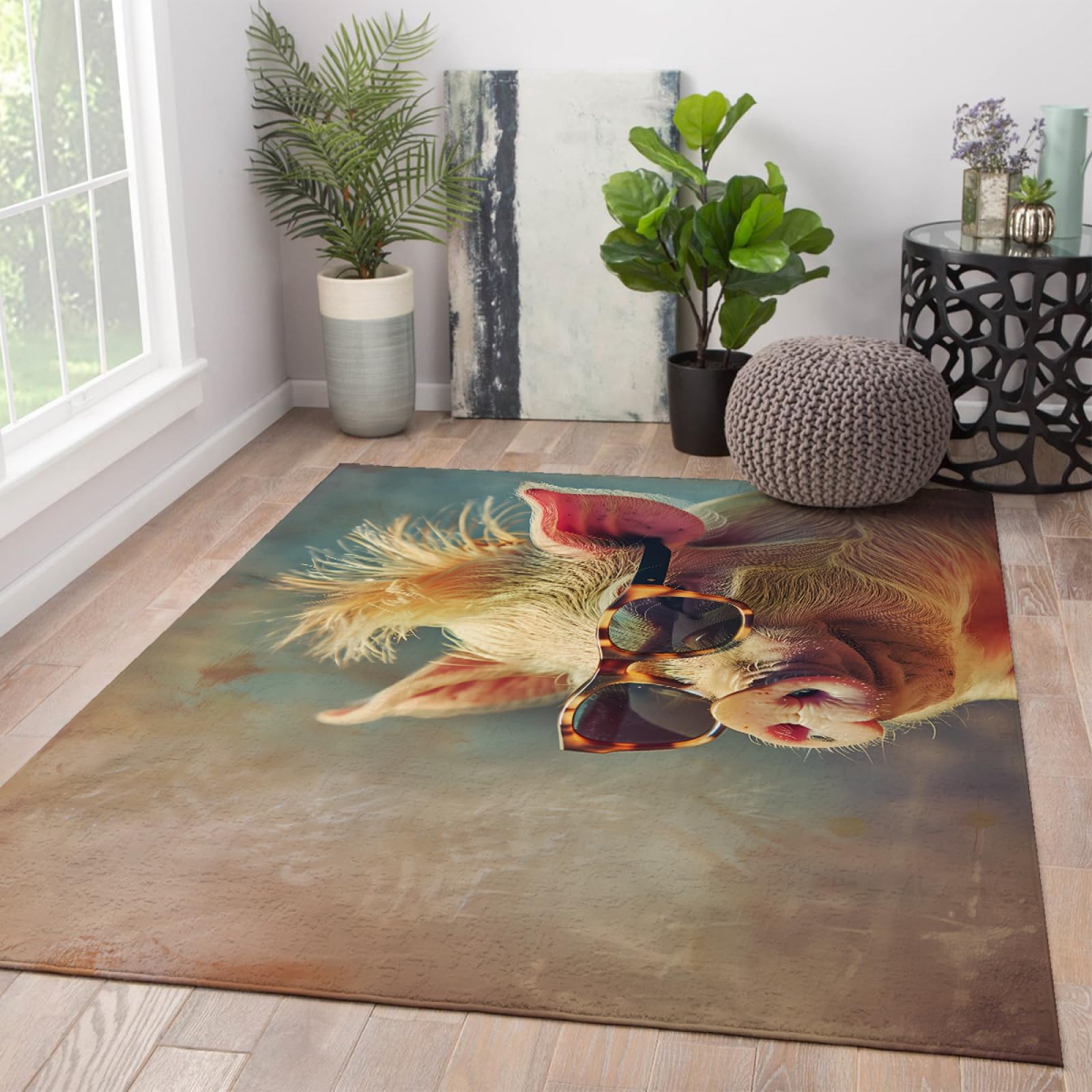 Zabawny dywan do salonu ze zwierzętami, 140 x 200 cm, świnka, nosząca okulary przeciwsłoneczne, antypoślizgowy dywan do użytku wewnątrz, łatwy do czyszczenia, estetyczny dywan dekoracyjny