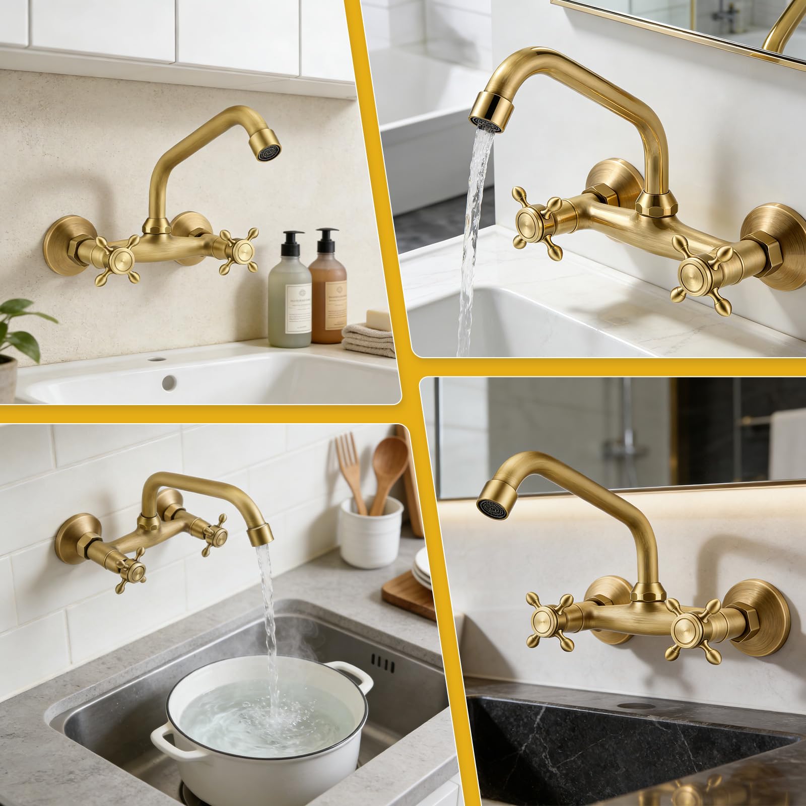 Rubinetto Cucina a Muro in Ottone Antico, Miscelatore Cucina Vintage con Bocca Girevole 360°, Doppia Manopola Acqua Calda e Fredda, Rubinetto Lavello a Parete per Bagno Cucina Lavanderia