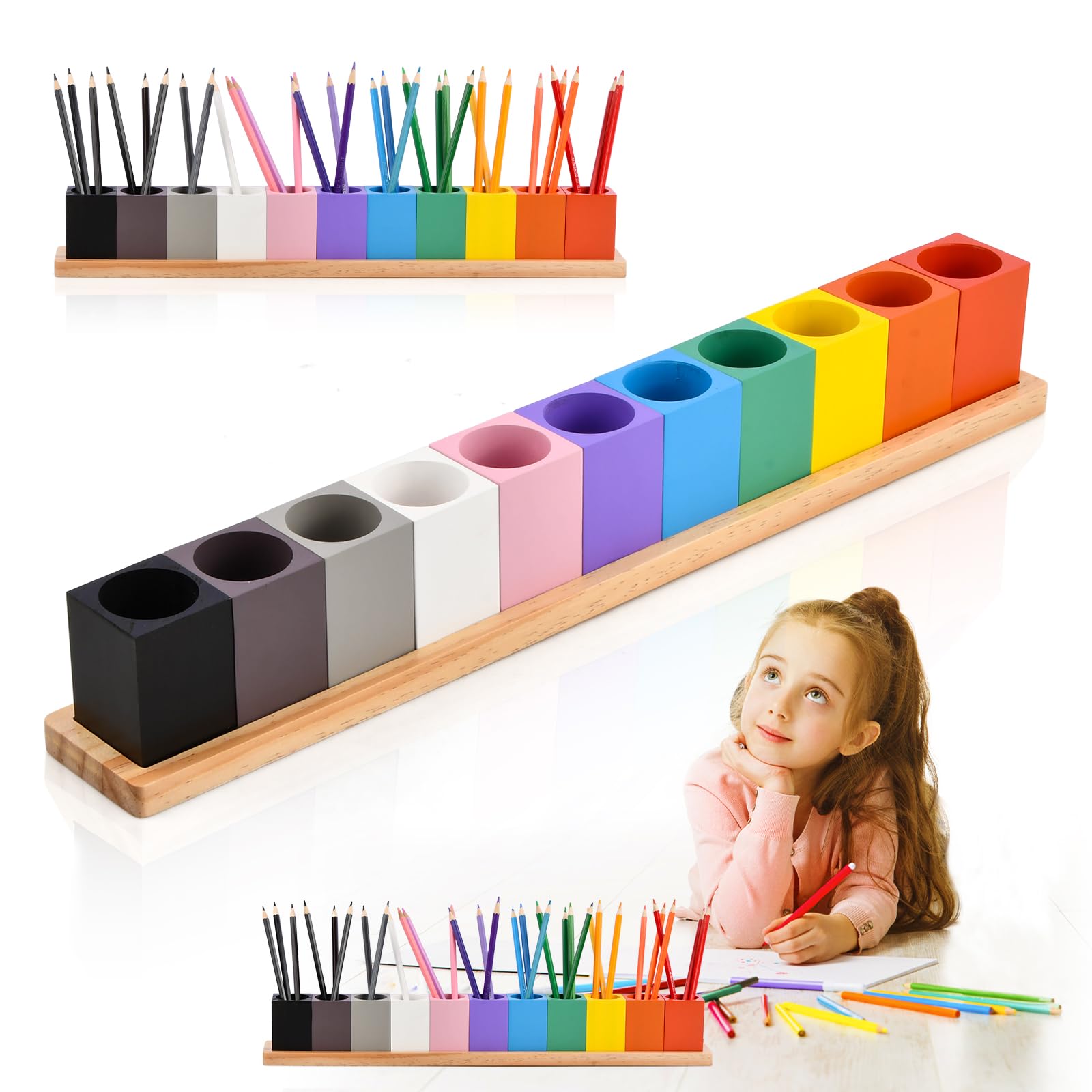 Portapenne Legno, 52x6,6x8cm Portamatite in Legno con 11 Scomparti, Wooden Pencil Holder, Porta Penne per Matite Colorate, Portapenne da Scrivania per Scuola Casa Uffici (B)