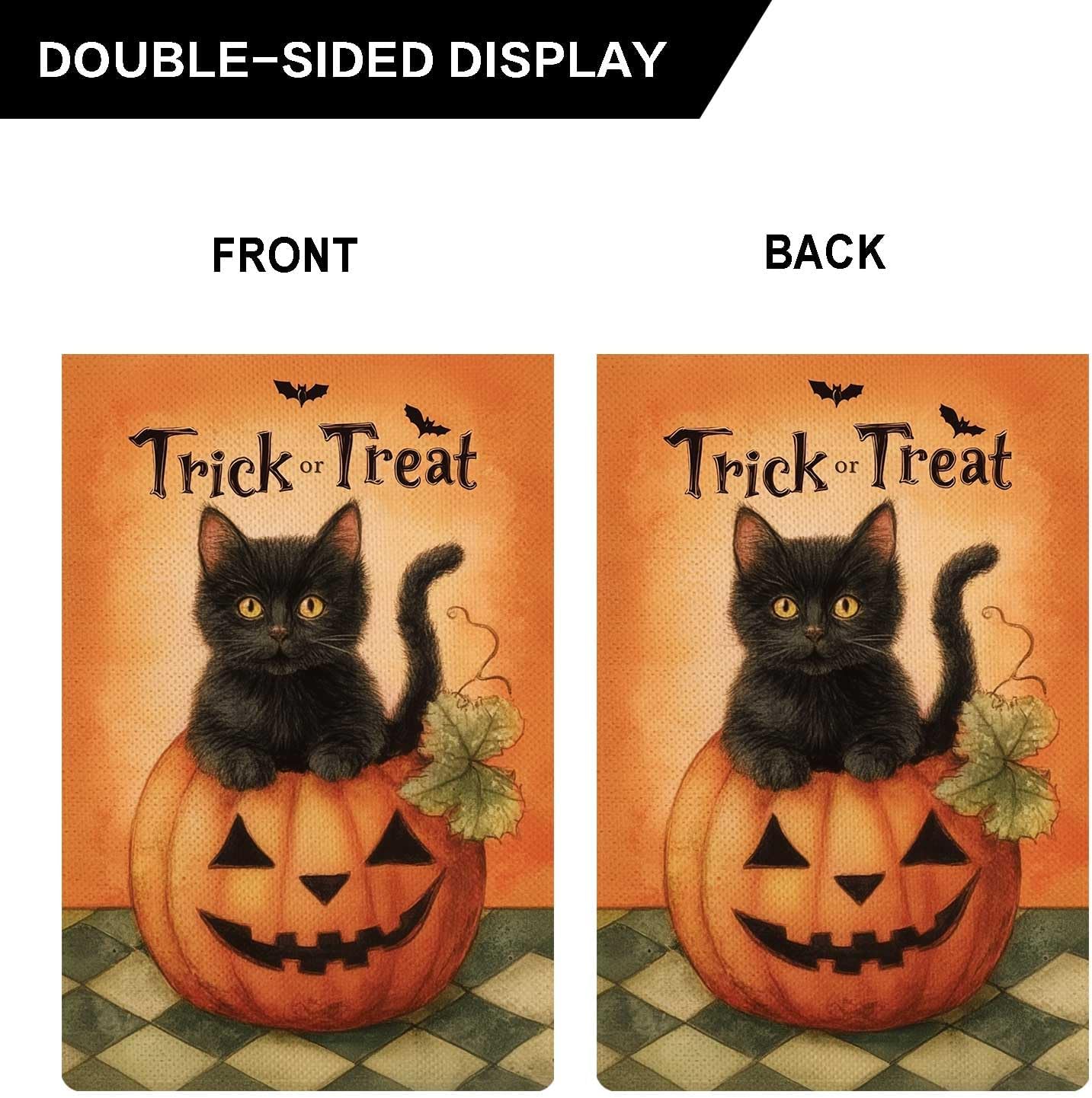 Trick or Treat Garden Flag Halloween Cute Black Cat Small Flag for Outside Pumpkin Bat Burlap Double Sided Welcome Yard Lawn Decor 12.5x18" - Image 5