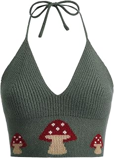 Women's Knitted Halter Crop Top Open Back Mushroom Print Boho Fairy Hippie Tank