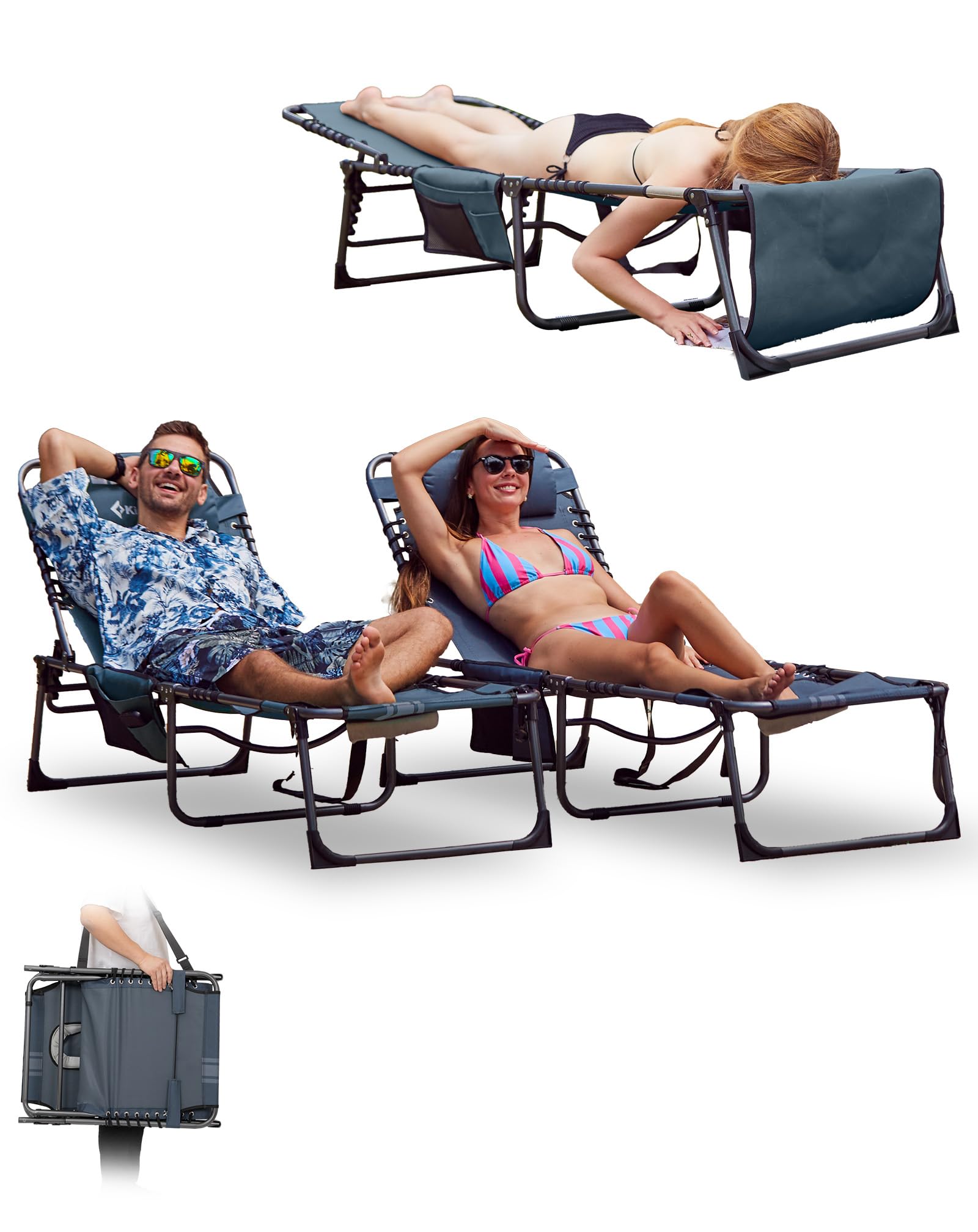 KingCamp 2 Pack Tumbona Plegable con Agujero para Lectura, Respaldo Ajustable 5 Posiciones, Silla Reclinable de Jardín con Correa, Cama Solar Portátil para Playa Terraza Piscina Camping Global Recycled Standard Global Recycled Standard Global Recycled Standard