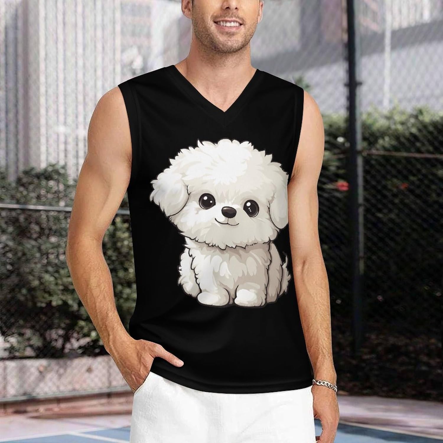 Bichon Frise Dog Men's V-Neck Basketball Tank Top Sleeveless Workout Tank Shirts Gym Fitness Tees Vest