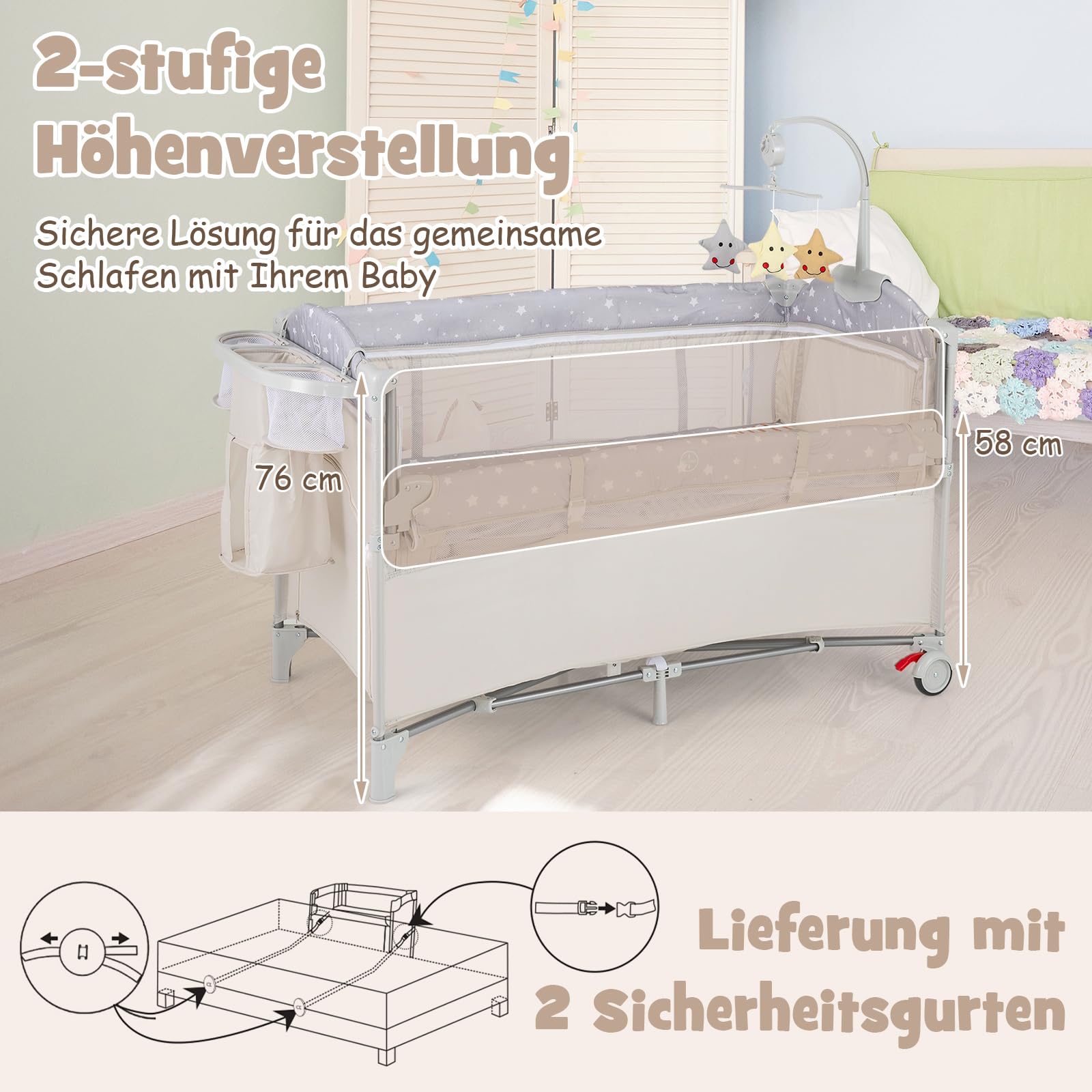 COSTWAY 5 in 1 Beistellbett klappbar, Reisebett mit Matratze, 2 Ebene Babybett mit Rollen, Spielbogen & Wickelauflage, Stubenwagen mit Tragetasche für Baby bis 3 Jahren (Beige)