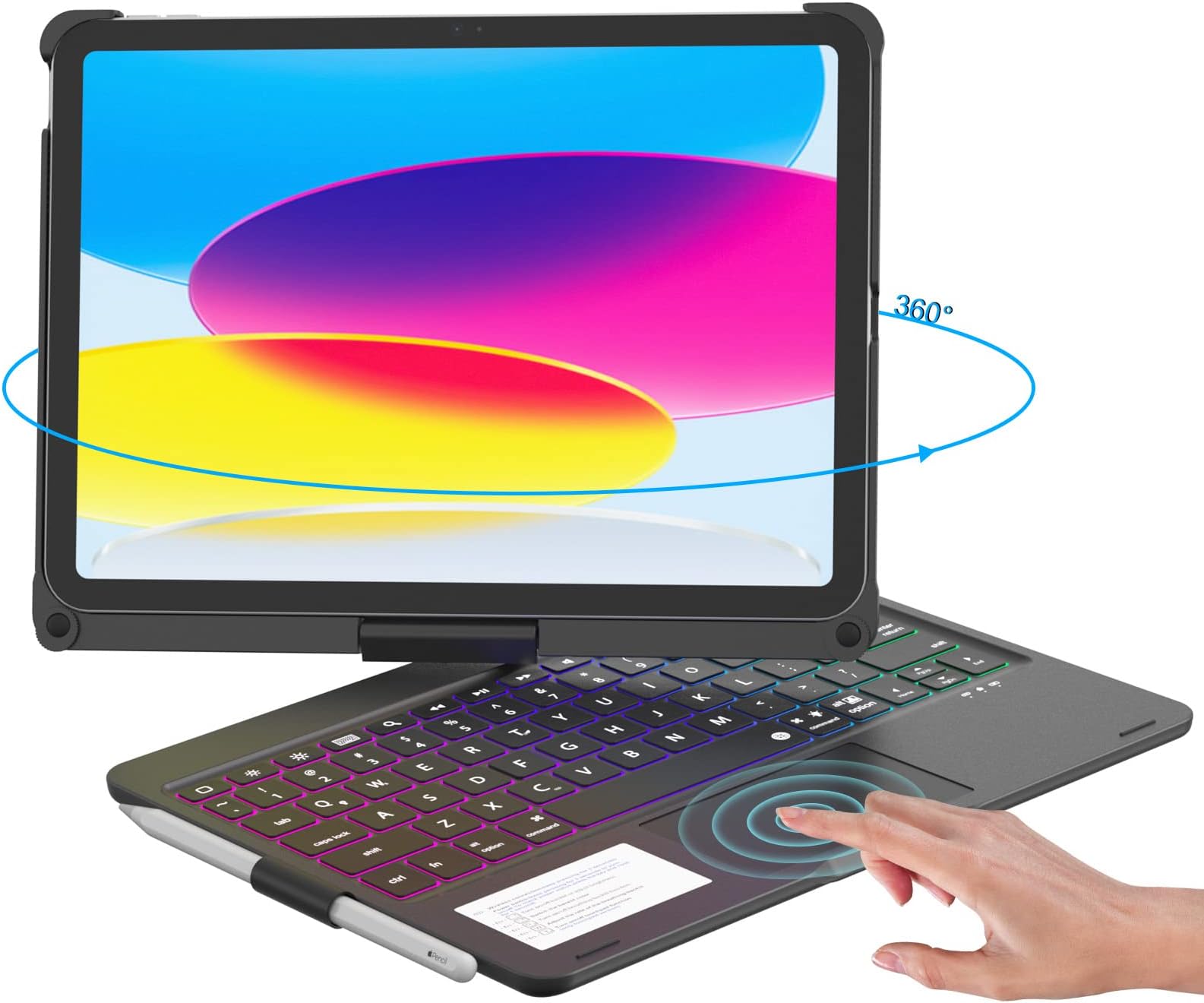 NOKBABO Keyboard case Compatible for 10th Generation，Rainbow Backlight,360°Rotation,Multi Touchpad & Pencil Holder, Keyboard case for 10th Generation 10.9" - Black