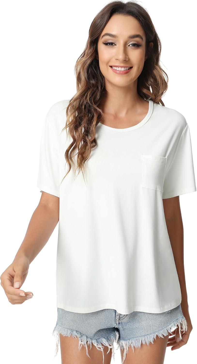 NACHILA Shirts for Women-Viscose Made from Bamboo,Short Sleeve Lounge Shirts Soft Sleepwear Tops Stretch T Shirt S-XL