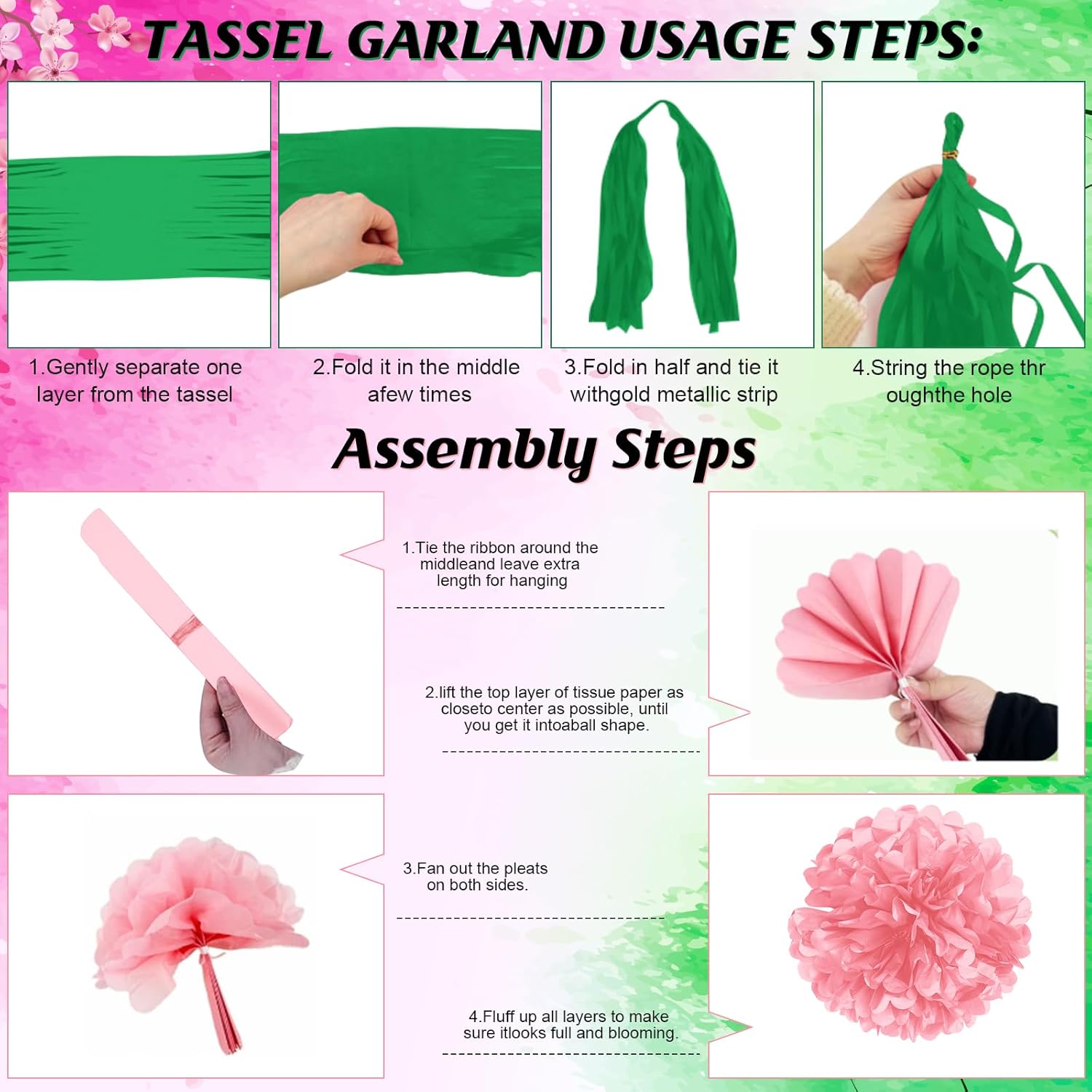 Pink and Green Birthday Party Decorations, Witch Themed Happy Birthday Backdrop Banner Balloons Paper Pom Poms Paper Tassel Foil Fringe Curtains for Girls Princess Birthday Party Supplies Decorations