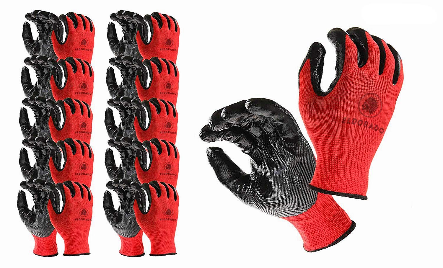 Eldorado Nitrile Coated Multipurpose Work Gloves with Grip. Color: Red (24 Pairs Pack, XL)