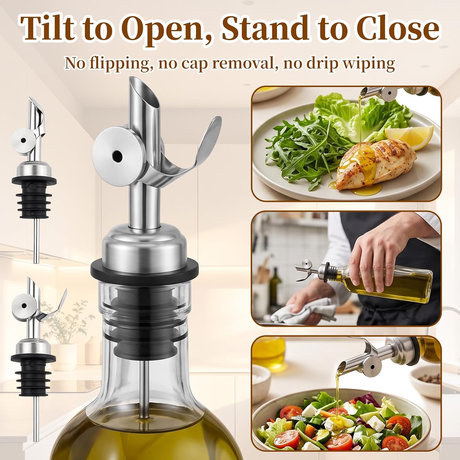 3PCS Auto Flip Liquor Pour Spout - Weighted Olive Oil Pour Spout with Clean Brush - Leak-Proof Stainless Steel Wine Pourer & Olive Oil Dispenser for Liquor Oil Vinegar Syrup, Dishwasher-Safe