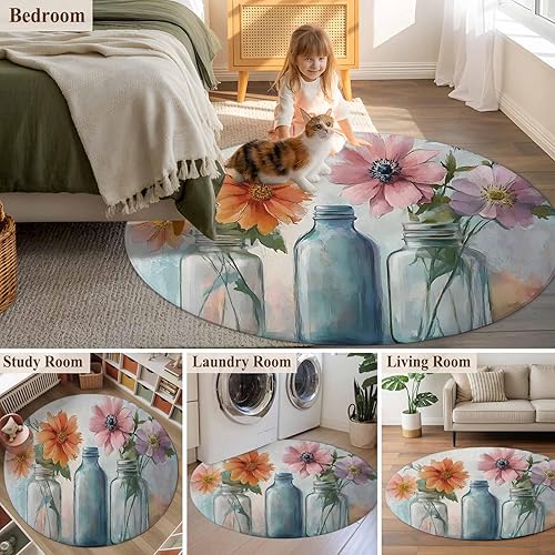 Miniatura 6 de 8ft Round Rug, Watercolor Flowers Non-Skid Rubber Backing Large Area Rugs - Living Room Bedroom Home Office, Retro Rustic Botanical Floral Leaves