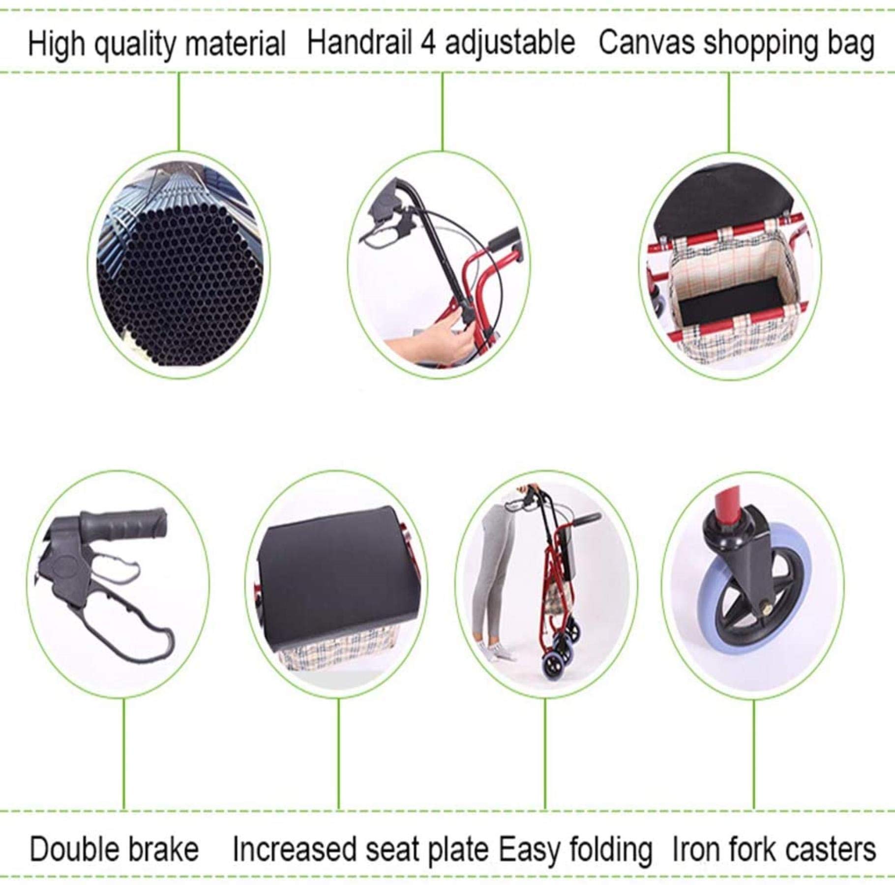 Telaio con Sedile Imbottito Freni bloccabili Maniglie ergonomiche e Borsa per Il Trasporto Aiuto per la Mobilità Leggero Altezza Regolabile per Anziani (Rosso)