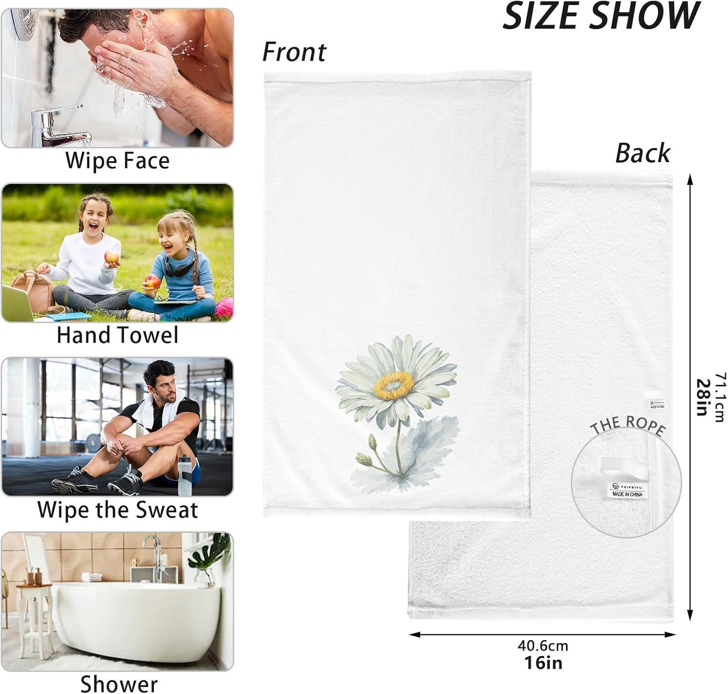 Cotton Hand Towels for Bathroom Set of 2 Watercolor Daisy White Flowers Floral Absorbent Soft Decorative Face Towels for Guest Gym Hotel Sports 16x28 in Towel - Image 3