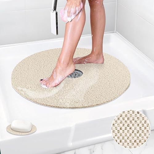 Miniatura 7 de Alfombrilla de ducha antideslizante: alfombrillas de ducha redondas grandes de 24 pulgadas de diámetro con orificio de drenaje en el medio - Esponja
