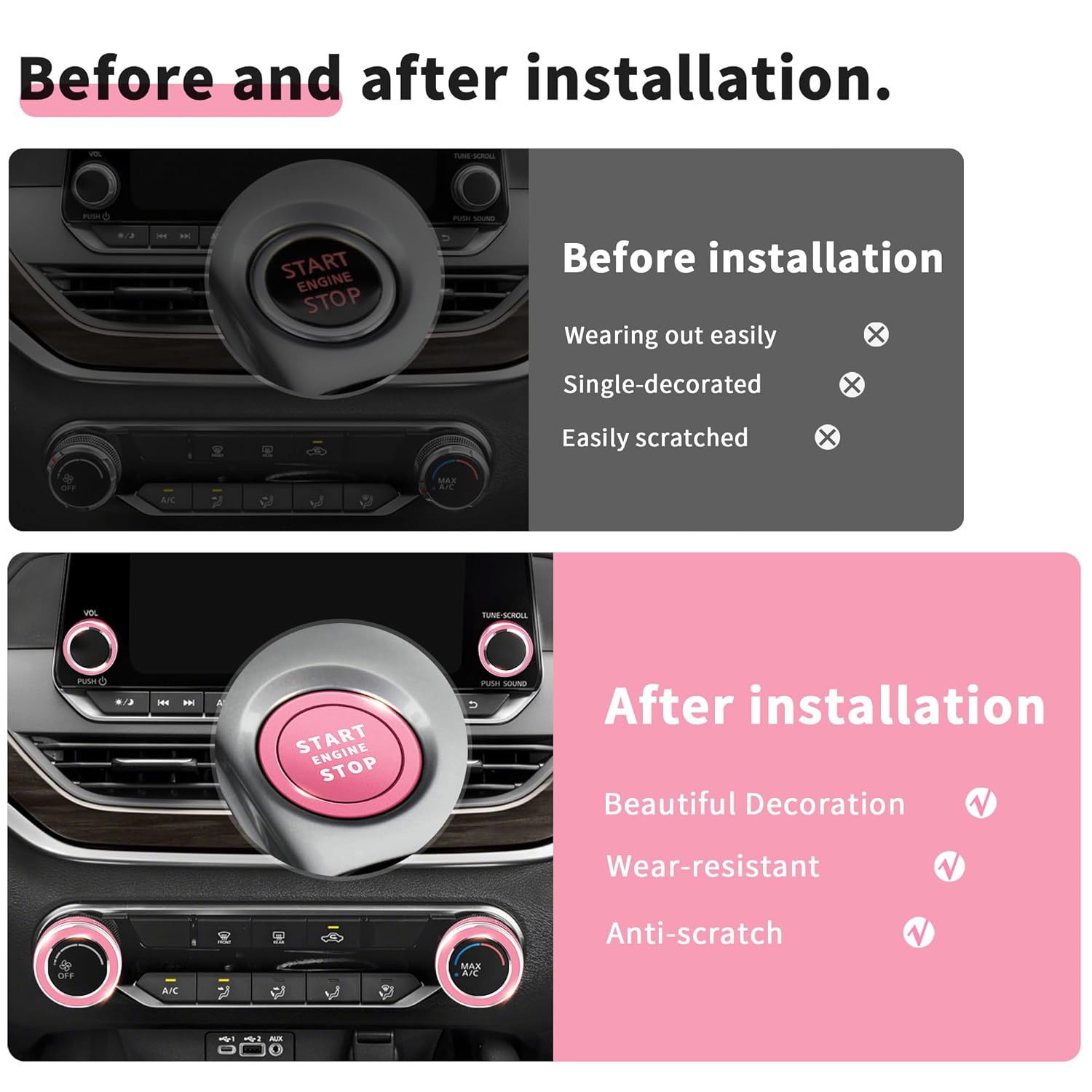 for 2019-2025 Nissan Altima S/SL/SR/SV/Platinum Accessories (8" Screen, 2 Radio Knobs) - Polodunn 6pcs Aluminum Alloy Knob Cover Trim Set Fits Push Start Button, AC Climate Control & Volume (Pink)