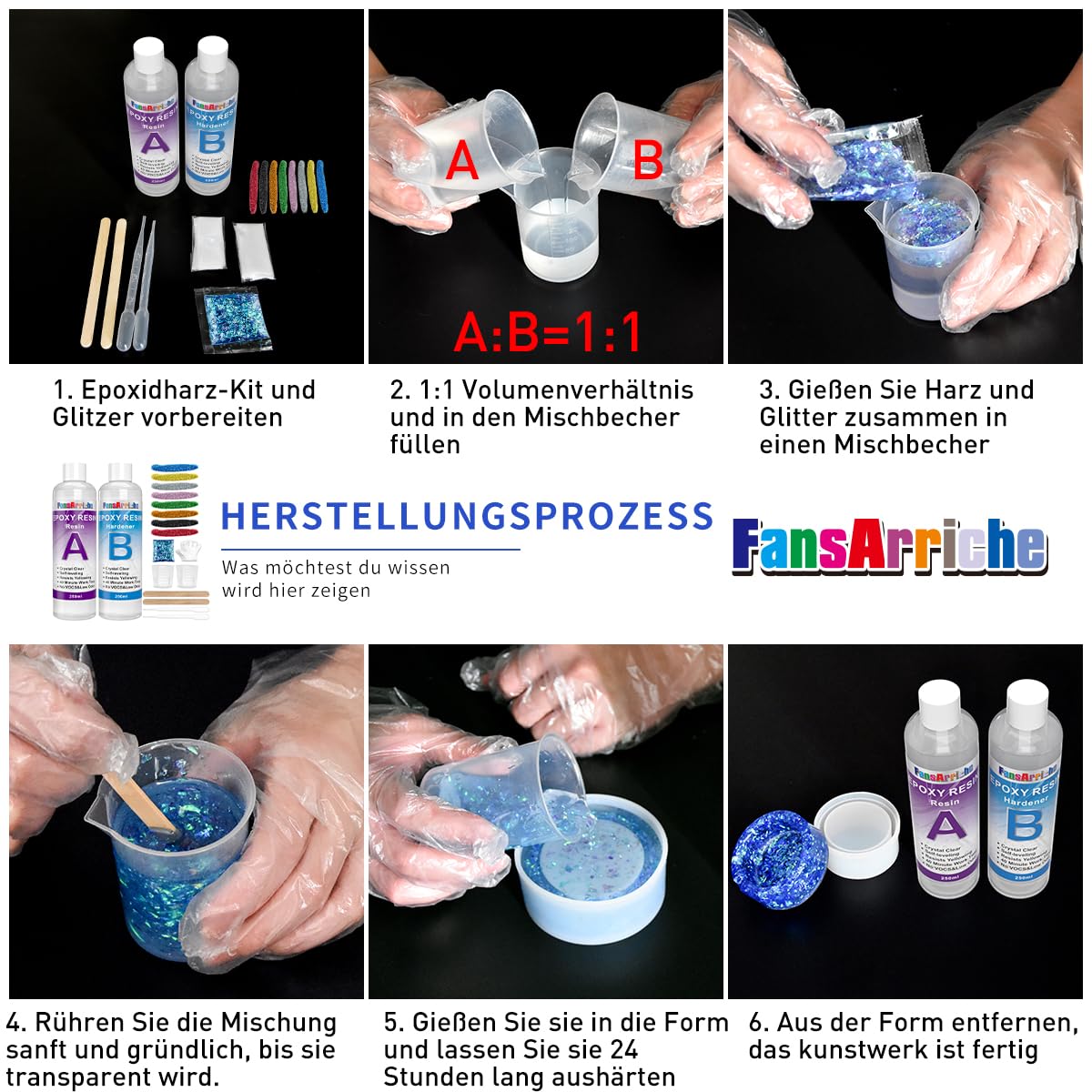 FansArriche Epoxidharz, transparent, 1: 1-Verhältnis; Kunstharz-Beschichtung, kristallklar, für Holz, künstlerische Kreationen, Restauration (500 ml)