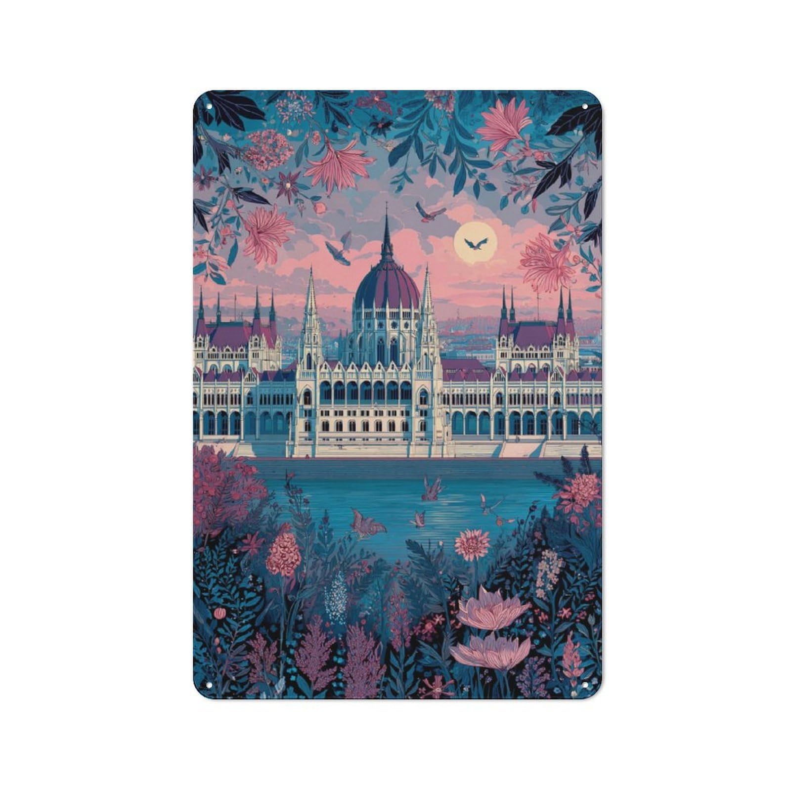 Junmoney Budapest Parliament Garden Fantasy Tin Wall Plaque 30X20cm With For Guest Room Or Hallway, For Hallway Wall Decor Fans