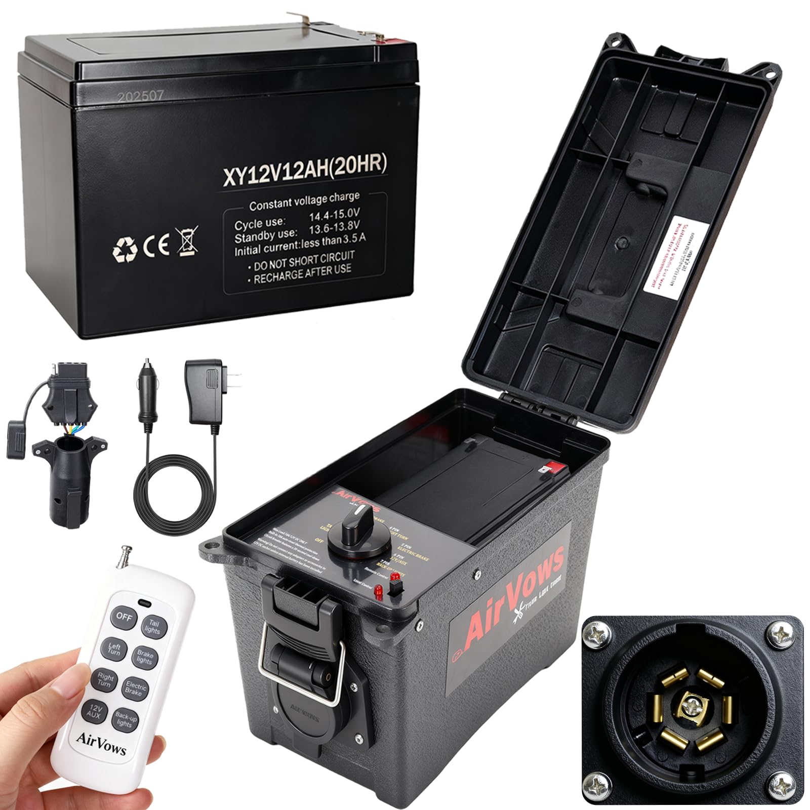 Trailer Light Tester Box with 12V 12Ah Battery,Remote Control Function with 98 FT Range, 7-Way Flat (Spade) Pin,6-Way Round Pin,4/5-Pin Connectors,IPX8 Waterproof Case,2-Year Warrnaty