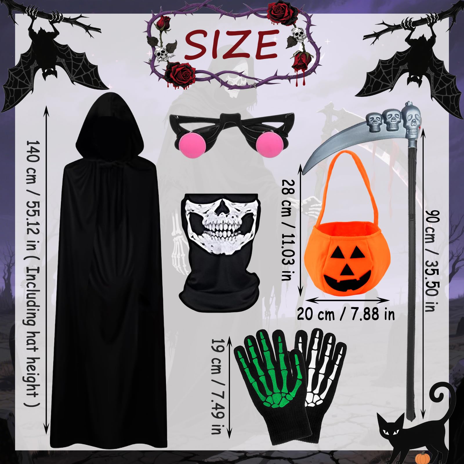 Grim Reaper Costume Kids Halloween, 6 Pcs Dark Skeleton Custume, Red Glowing Glasses, Mask, Gloves - Image 2