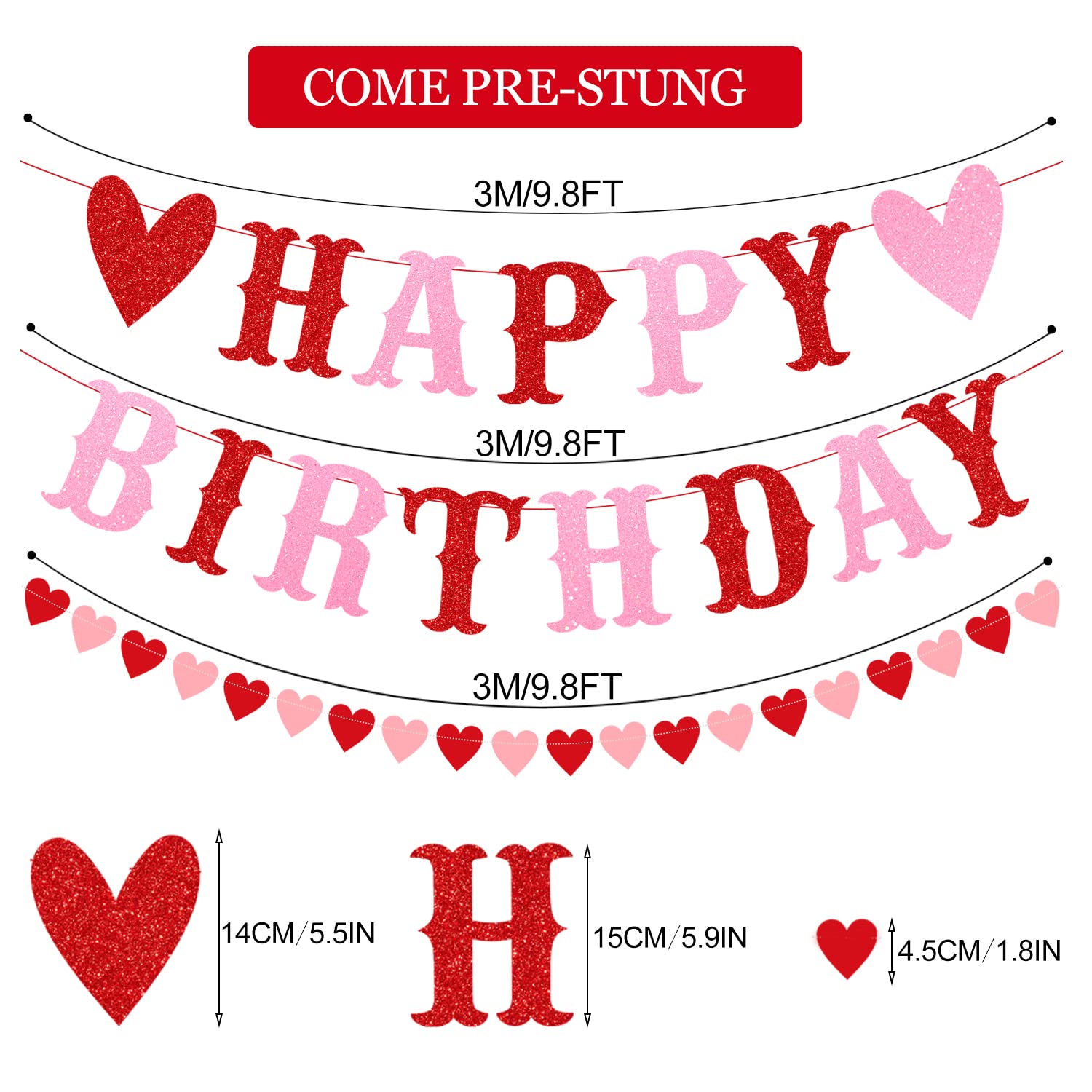 PTFNY Valentine's Day & Birthday Banner - Red & Pink Glitter, 3m Long, Pre-Assembled, Wall Mount